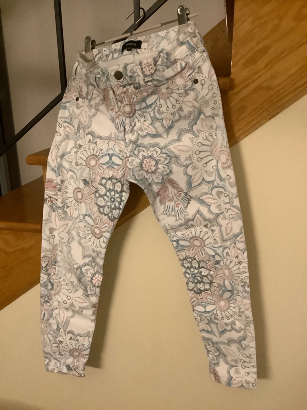 Desigual White Skinny Jeans with Blue & Pink Floral Stitching